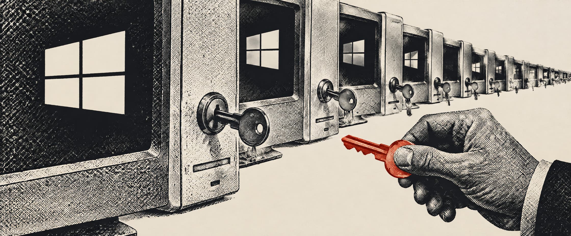 A long row of identical desktop machines, each with the same key already turned in its front panel, and a hand at the near end holding a second key of a different shape.