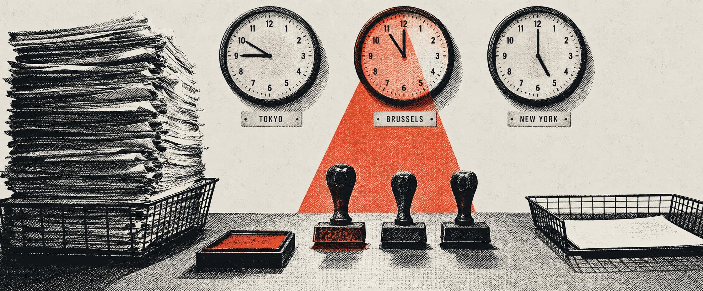A back-office sorting bench at night under a single strip light. A wire in-tray is stacked to the top with printed dockets while the out-tray beside it holds one sheet. Three round clocks on the wall above are each labelled with a city on a strip of tape and each shows a different hour. Three rubber date stamps lie on a cloth beside one ink pad, and only the first stamp has ink on it.