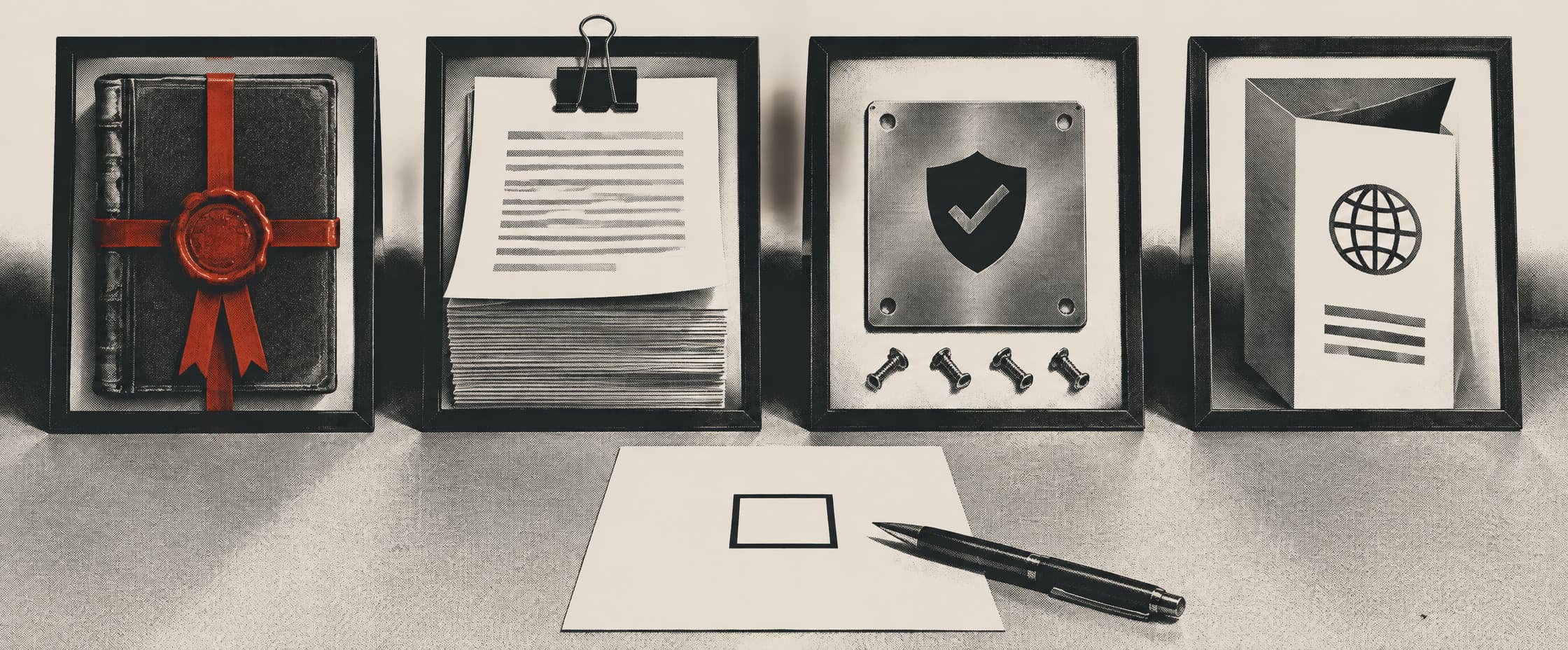 Four documents in identical frames lie in a row on a desk: one sewn with ribbon and a wax seal, one a loose sheet clipped above a thick pad of blank replacement sheets, one an unscrewed wall plaque laid flat beside its screws, one a folded counter leaflet. In front of them lies a small form with a single empty square and a pen resting across it.