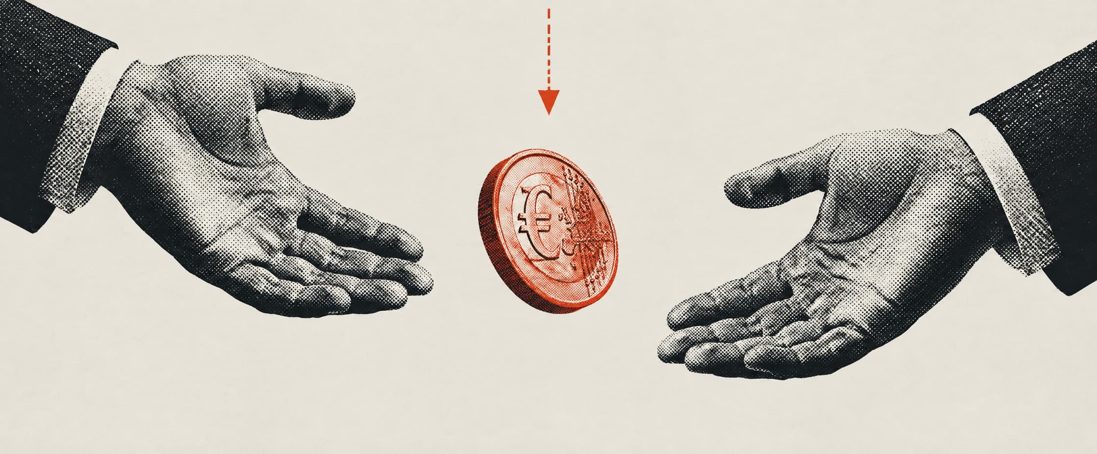 A coin frozen in mid-fall between two open hands, neither of them closing, with empty space where the catch should be.