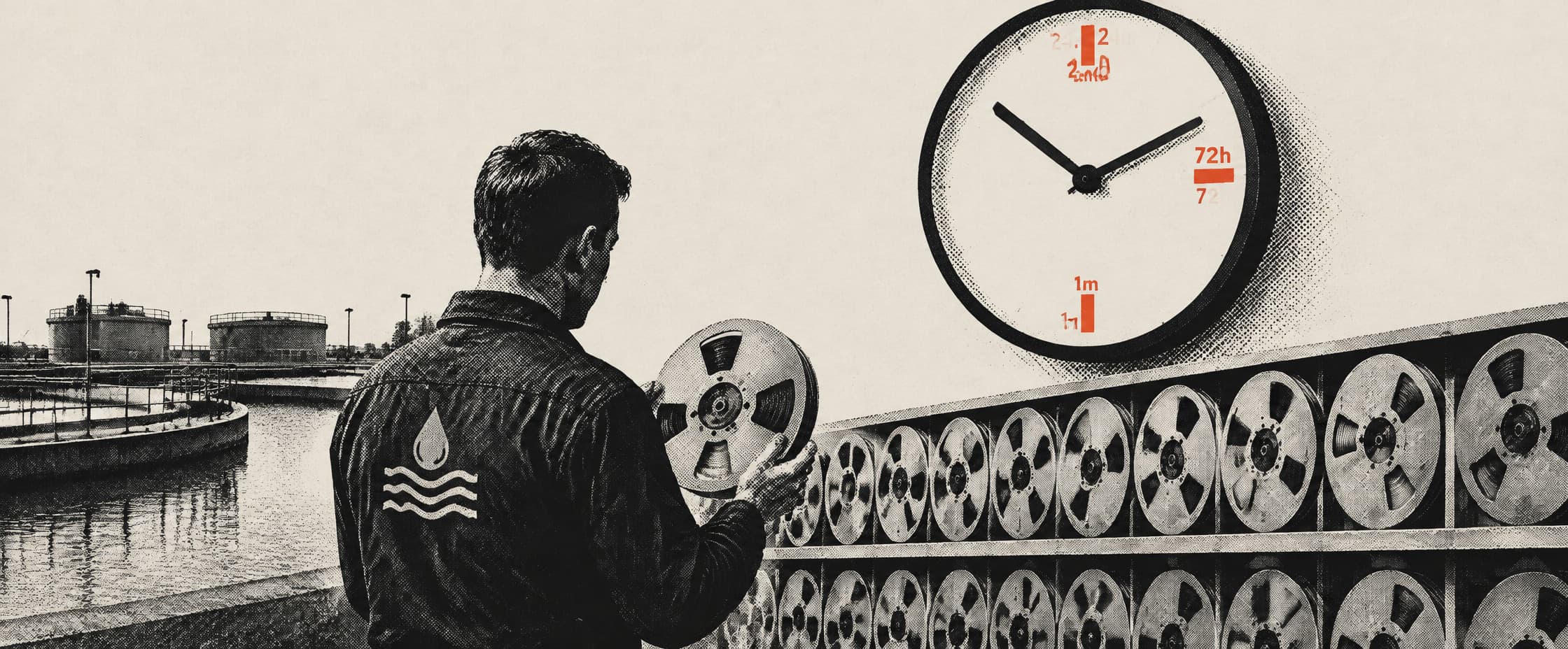 A wall clock marked with three positions and no other numerals, above a shelf of identical unlabelled tape reels running past the edge of the frame.
