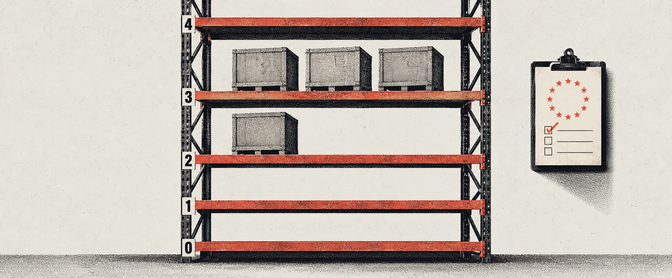 A warehouse racking against a plain wall, five levels numbered 0 to 4 from the floor upward. Three identical shipping crates stand together on level 3 and one stands alone on level 2. Levels 0, 1 and 4 are empty. A clipboard hangs on the wall beside the racking.