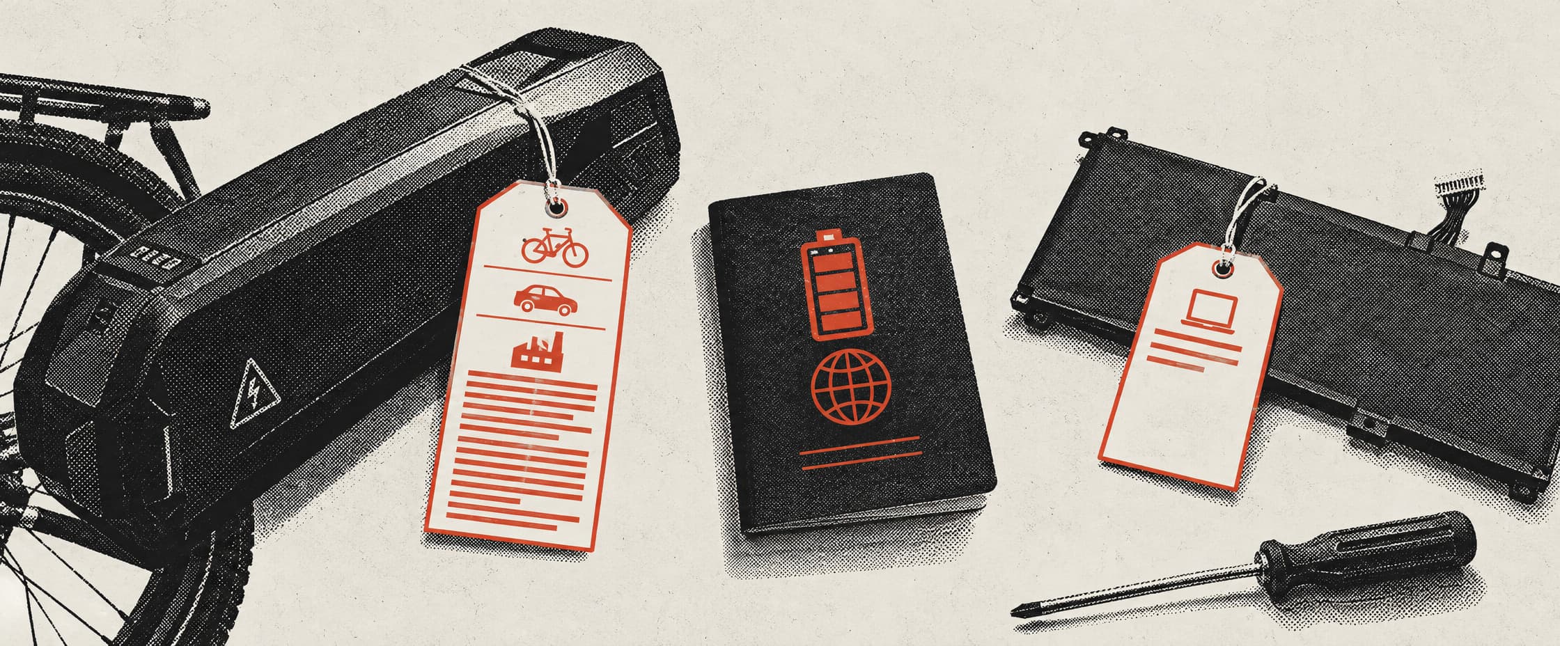 Two battery packs on a bench, seen from above. The e-bike pack carries a string tag crowded with symbols and lines of information. The laptop battery beside it carries an identical tag with almost nothing on it. A passport-sized booklet lies between them, and a screwdriver rests nearby.