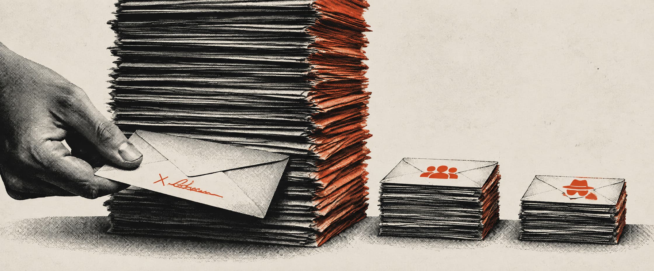 A towering stack of envelopes with one pulled half out near the base, showing a handwritten signature; two much smaller stacks sit beside it.