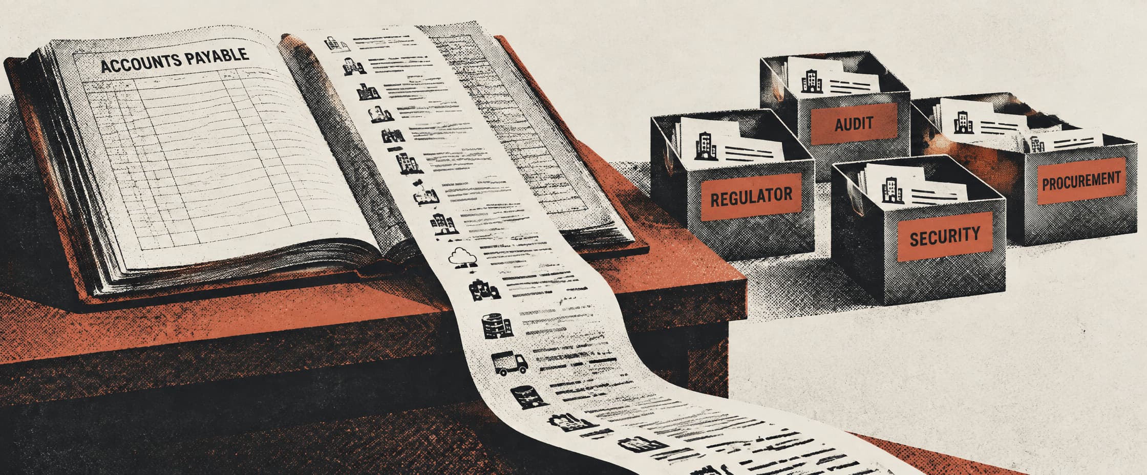 An open accounts ledger beside a small card index box, a printed tape unspooling from it onto the floor carrying more supplier names than the box holds cards.
