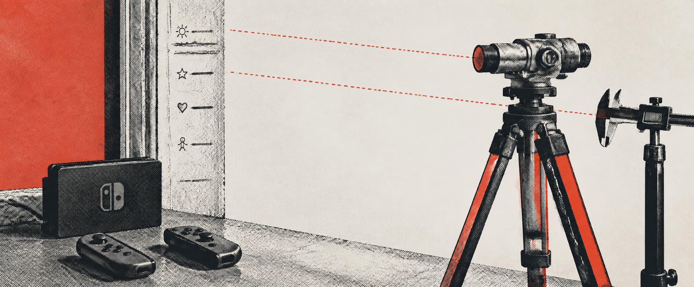 A doorframe marked in pencil with a child's height at intervals, a games console and two controllers on the floor beneath it. A surveyor's tripod and a set of mounted callipers stand back from the frame, aimed at the blank wall beside it.