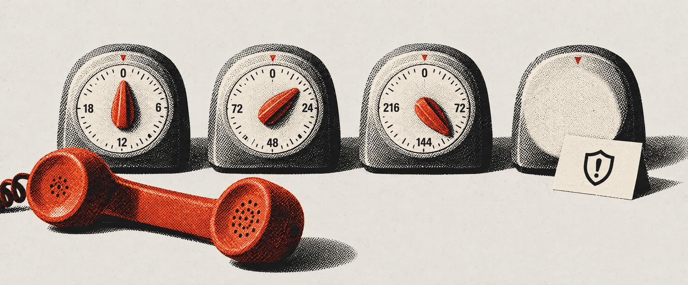 Four identical kitchen timers in a row. Three have numbered dials, wound and set. The fourth has a blank face where the numbers would be, with a card bearing a warning symbol propped against it. A telephone handset lies off its cradle beside them.