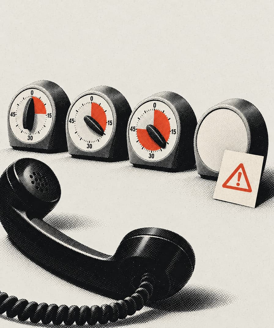 Four identical kitchen timers in a row. Three have numbered dials, wound and set. The fourth has a blank face where the numbers would be, with a card bearing a warning symbol propped against it. A telephone handset lies off its cradle beside them.