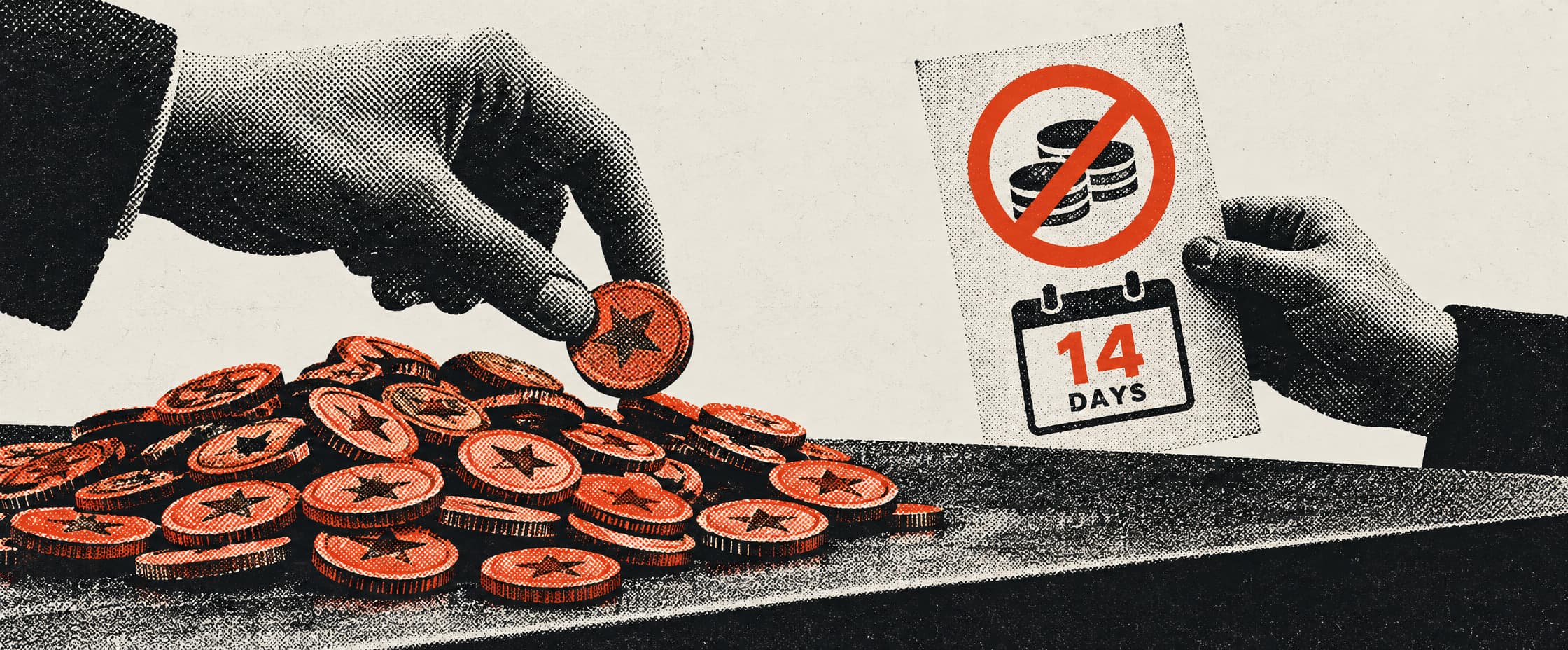 A heap of star-stamped fairground tokens left unredeemed on a dark counter, beside a sign showing a stack of coins crossed out inside a red prohibition circle.