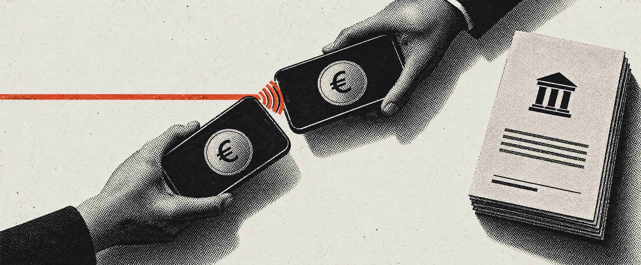 Two hands hold phones that meet edge to edge to make a tap payment, with the contactless mark on each screen. A red line runs from the point of contact off the left edge of the picture and ends at nothing. To the right lies a document bearing the emblem of an institution.
