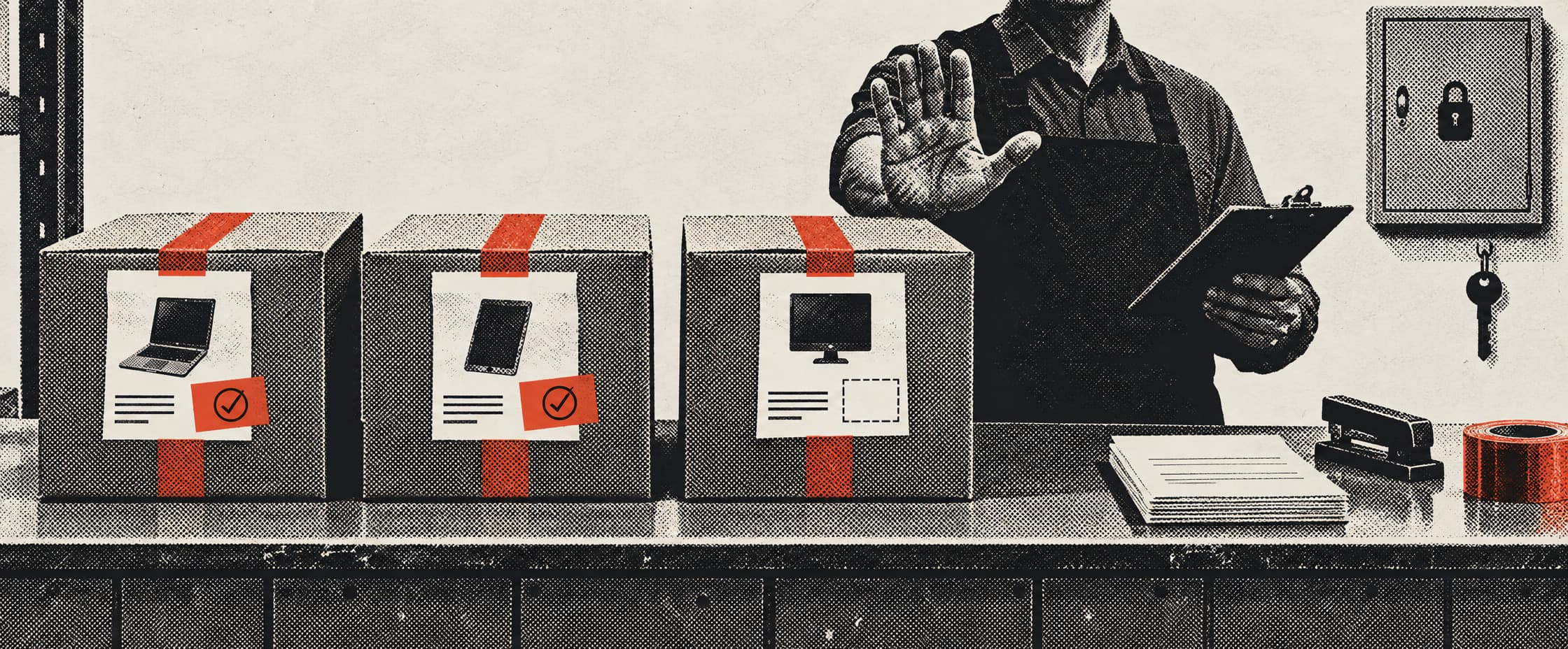 A goods-in counter in a loading bay, shot square on. Three identical sealed cartons stand on the counter with printed delivery notes taped to their lids; two of the notes carry a small second sticker and the third has an empty printed rectangle where that sticker belongs. A locked key cabinet is mounted on the wall behind the counter, and its key hangs on a hook on the delivery side, out of reach of anyone standing at the desk.