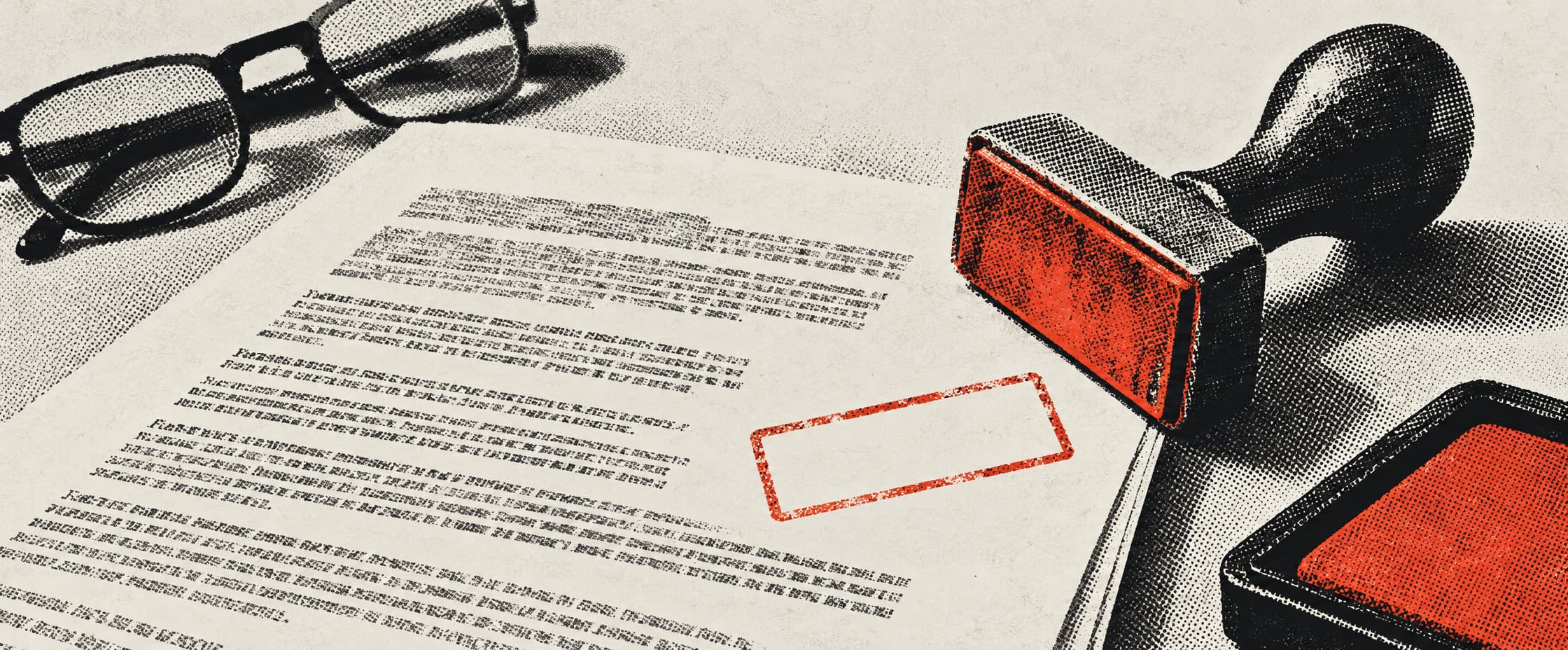 A printed page of text on a desk. An empty red stamp impression sits in the margin, a plain rectangle with nothing inside it. A rubber stamp rests beside it, with an ink pad and a pair of reading glasses nearby.