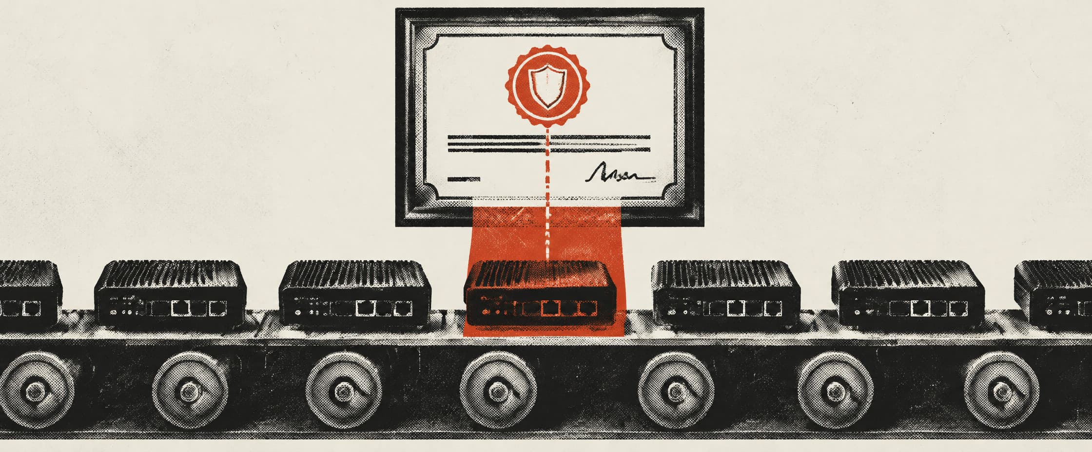 A framed certificate hanging above a conveyor belt of identical devices, its cut-out window aligned with exactly one of them.