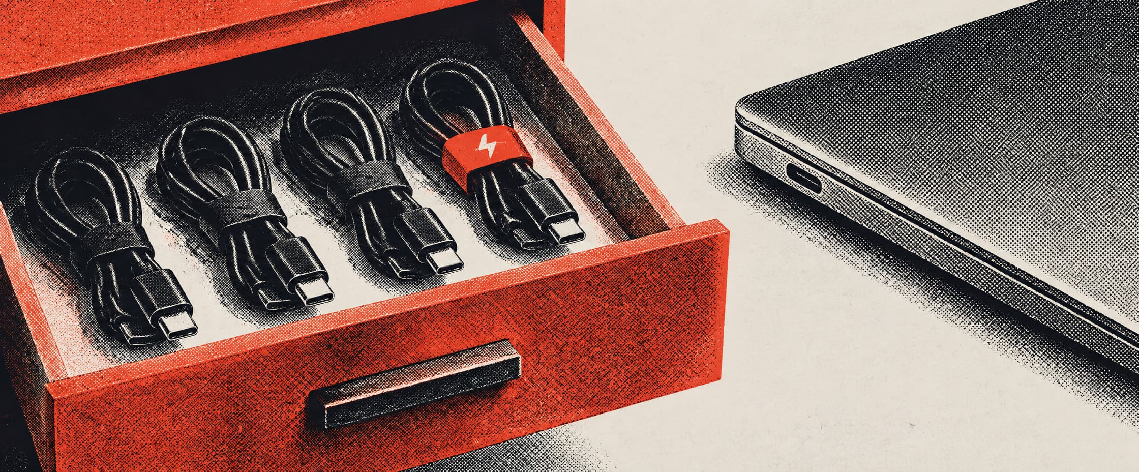 Four identical cables coiled in an open drawer, one of them tagged and the other three bare, a closed laptop waiting beside it.
