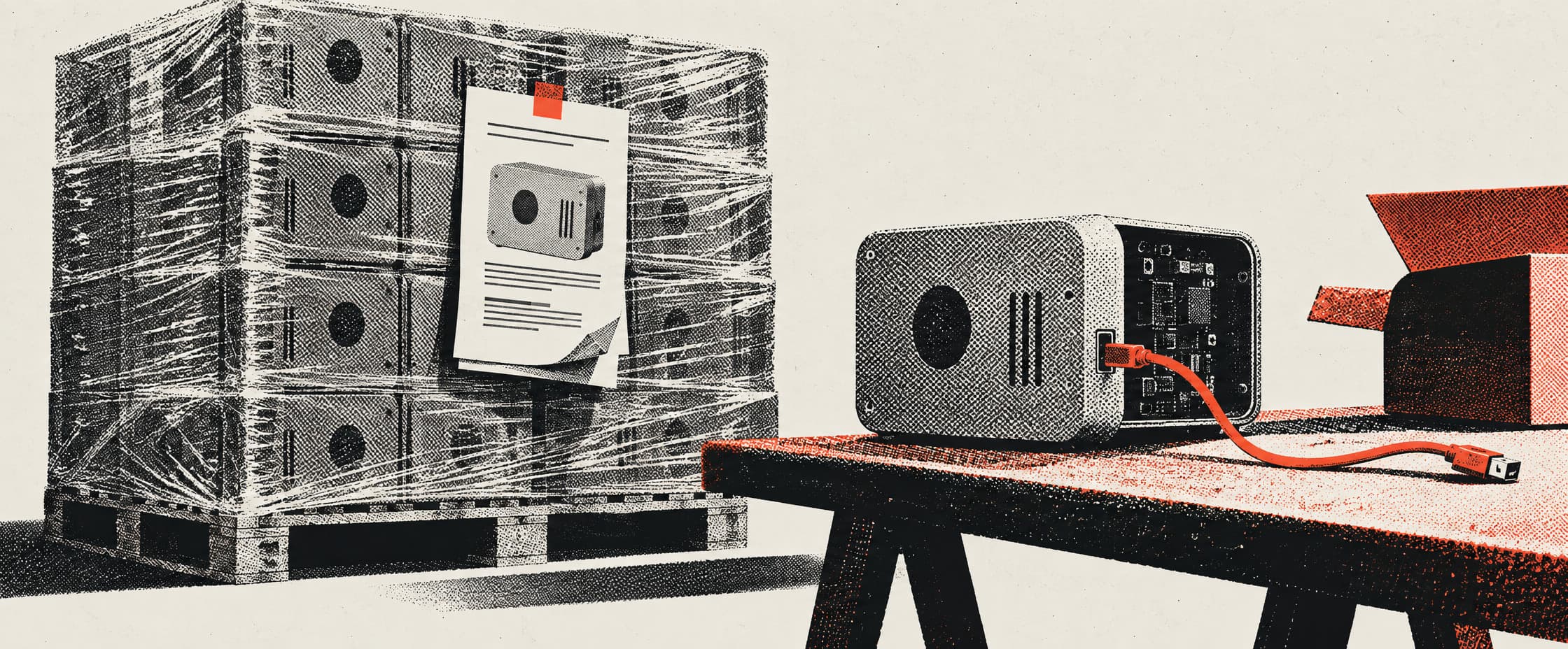 A warehouse goods-in bay. A shrink-wrapped pallet of identical grey sensor units has a thick information sheet taped to it. Beside it one unit sits unboxed on a trestle table, its casing open, a short cable running from a port on its side to nothing, the far end loose on the table.