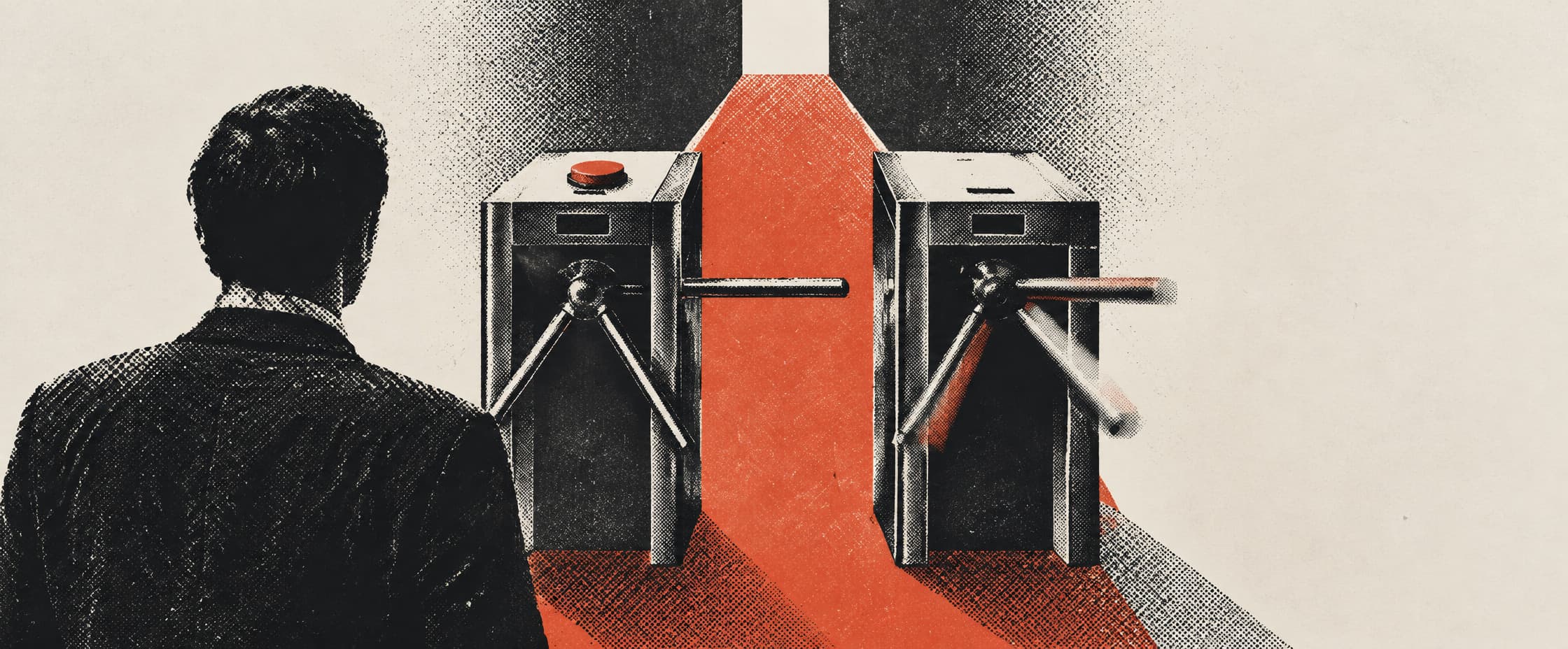 Two identical turnstiles side by side opening into one shared corridor; one has an untouched button, the other is already turning.