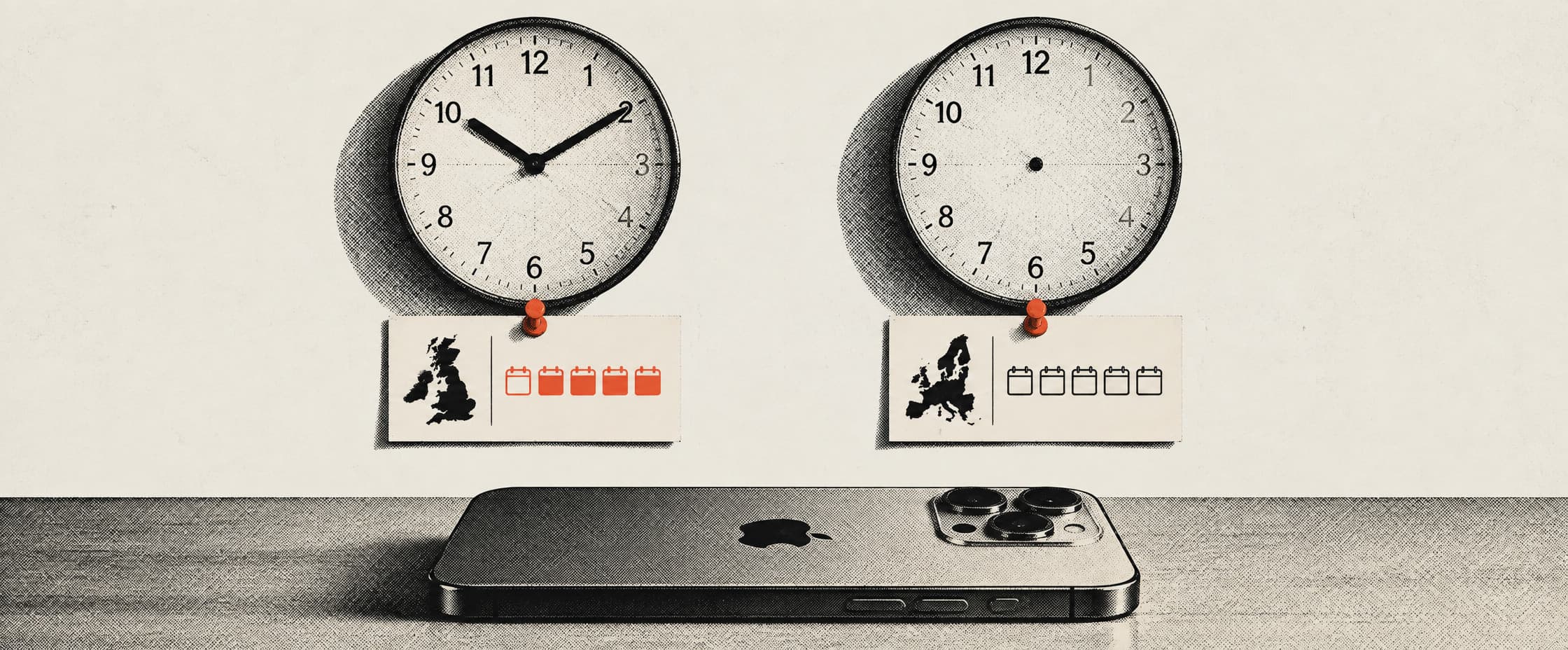 Two identical wall clocks side by side above a workbench. The left one has hands and a dated card pinned beneath it; the right one has no hands and a blank card. A phone lies face down on the bench below, unopened.