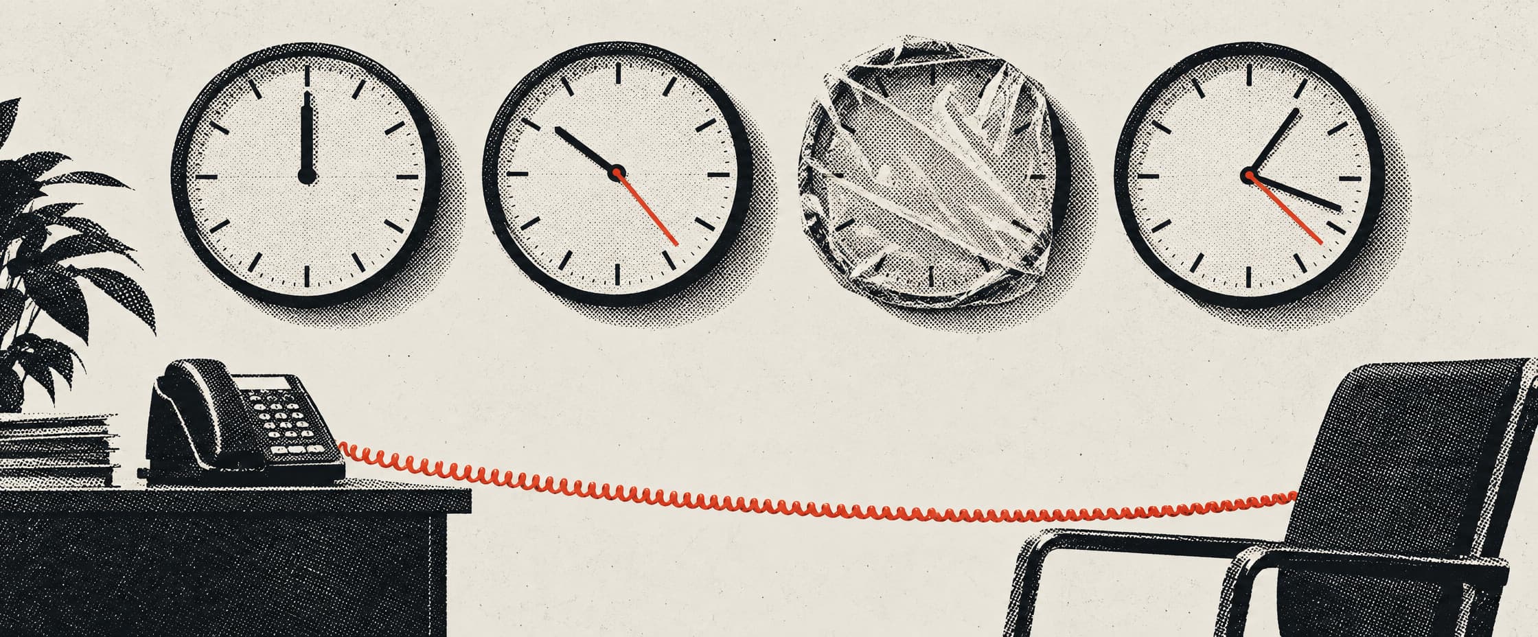 Four identical round clocks in a row on a bare meeting-room wall. Two are running; one is stopped at twelve and one still has its protective film over the face. Below them a desk phone's cord stretches tight across the room towards an empty chair.