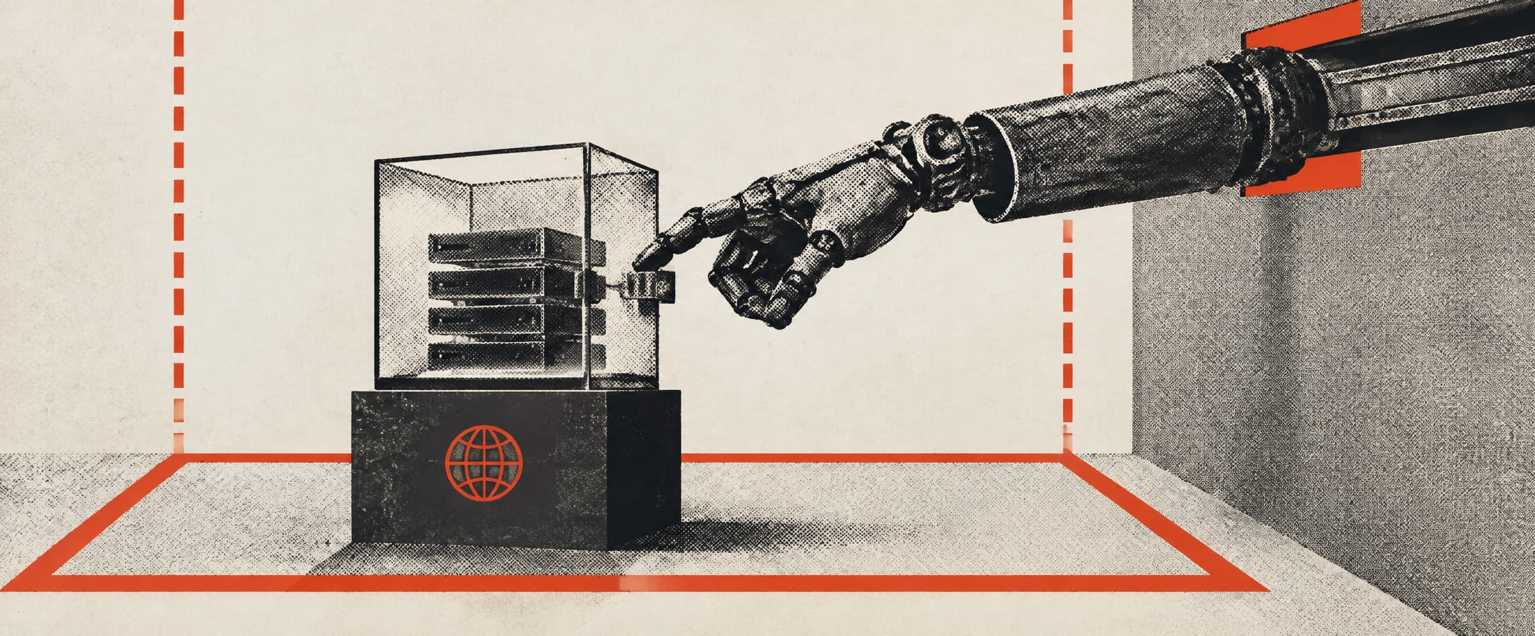 A sealed glass case of documents on a plinth, with a painted line running across the floor and up the walls to mark the room as a territory. A long mechanical arm enters through a narrow slot high in the wall, crosses the line, and rests one finger on the case’s latch.