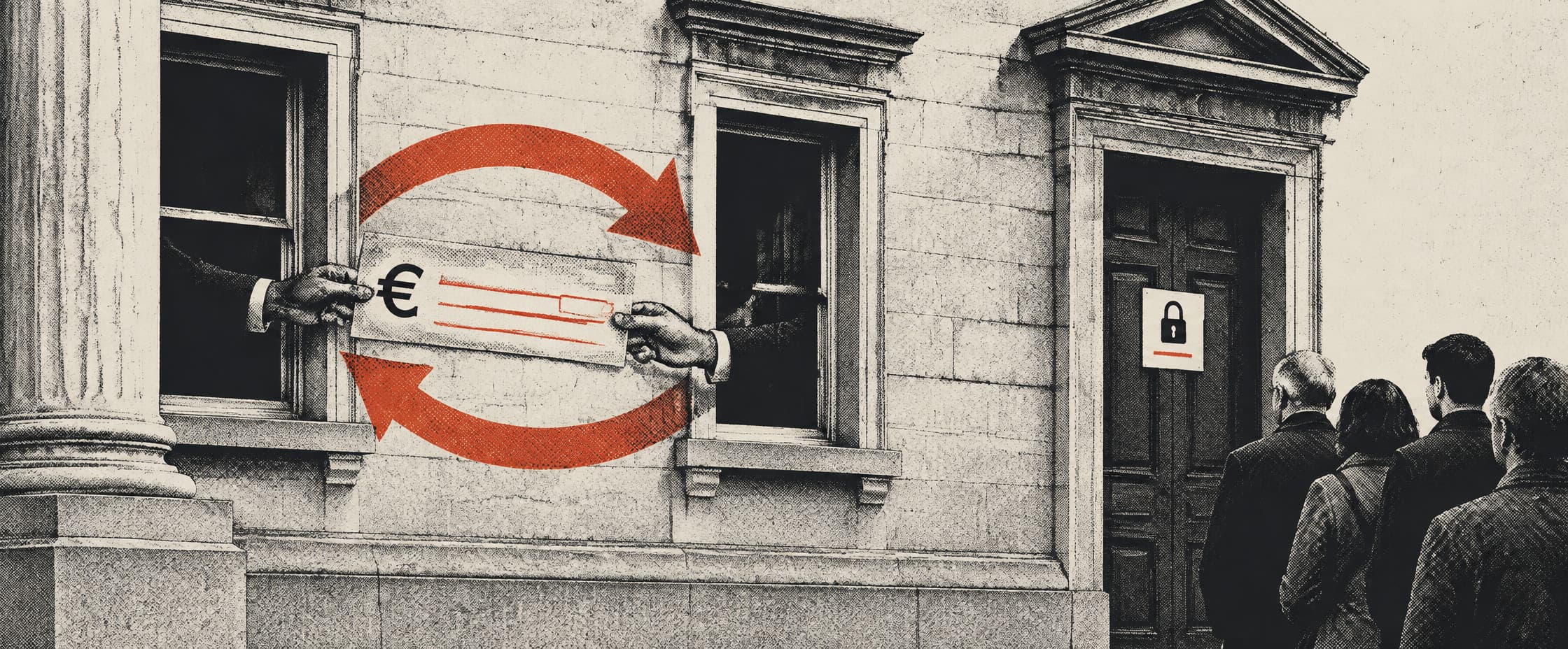 One stone government building. A cheque passes out of a ground-floor window on a tray and back in through another window four metres along the same wall. Beside that second window is a locked door with a dated notice, and a queue of people waiting at it.