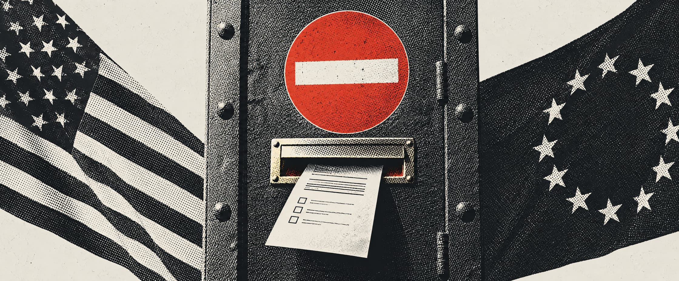 A heavy municipal door set in a stone wall, painted over so many times the hinges have filled in, with a bolted enamel notice across it forbidding entry in raised capitals. A brass letter slot set into the same door at waist height has edges polished bright with use. Below it a wall dispenser holds printed forms with one sheet half pulled out, and a short chrome queue rail with blue webbing runs up to it across worn tiles.