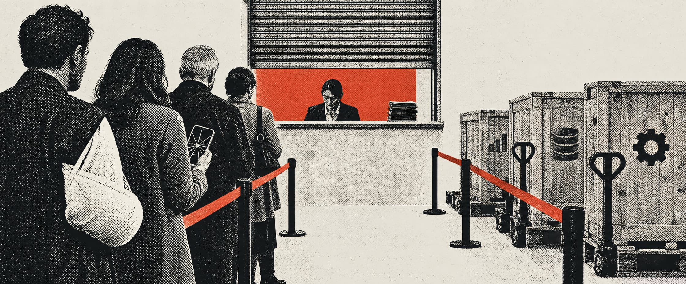 One claims window in a plain hall, a clerk behind it and its shutter half down. A rope barrier splits the floor into two queues. On the left, people wait in line, one holding a phone with a cracked screen. On the right, wooden crates on pallet trucks wait in line, marked only with symbols: a database, a gear.