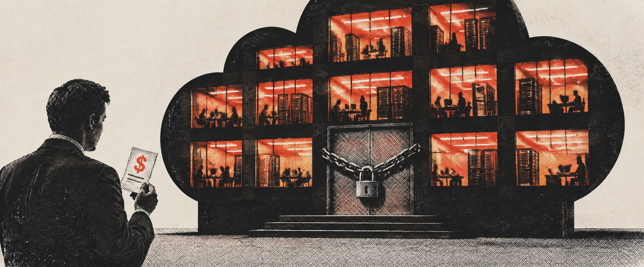 A building lit and occupied at night with every window bright, its door chained shut from the outside, and one figure on the pavement holding a receipt.