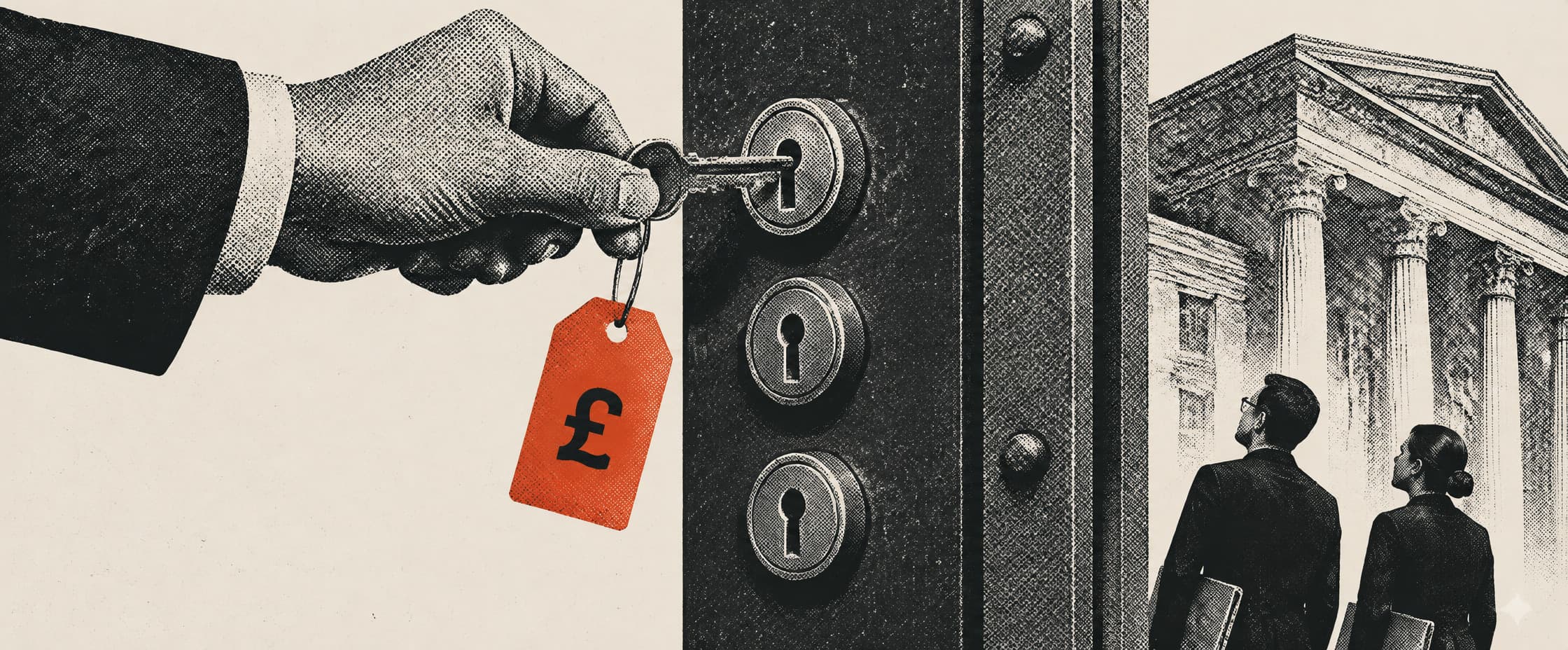 A door carrying three locks in a vertical row; a key is turned in the topmost one and the two below are untouched.