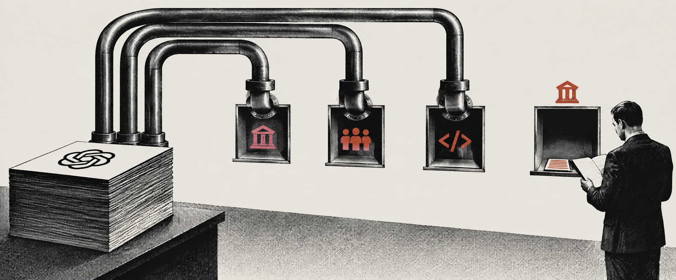 A mailroom with four pneumatic tubes running from one desk to four hatches in the far wall. Three hatches have a tube docked and sealed; the fourth, where a person stands holding an open folder, has no tube reaching it and only a thin leaflet on its sill.