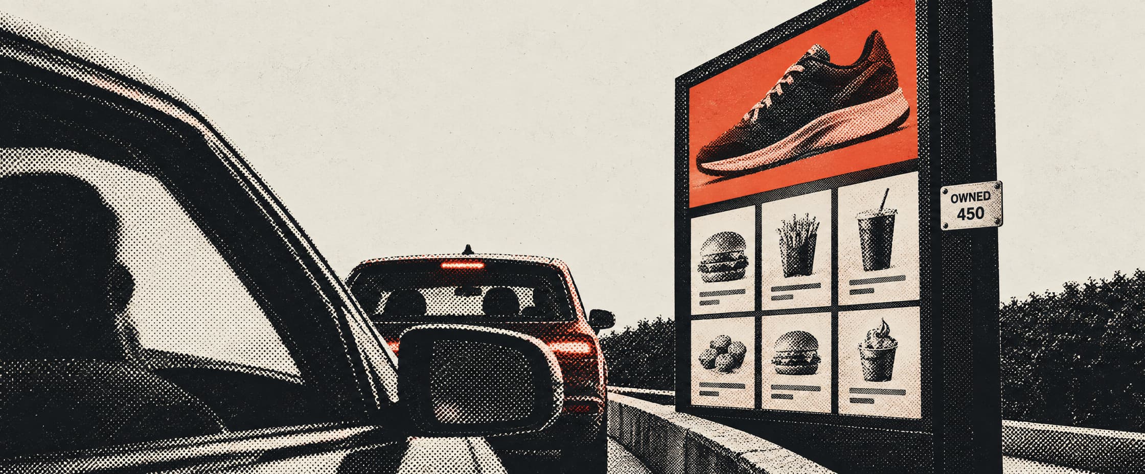 A drive-thru lane at dusk, seen from a car waiting behind another. The illuminated order board ahead gives its top third to an advertisement for a running shoe and its lower two-thirds to a grid of food items with their prices. A small aluminium asset tag is bolted to the board's frame at eye height, stamped OWNED 450. A kerb runs along both sides of the lane, narrowing it to a single width with no gap to pull out through.