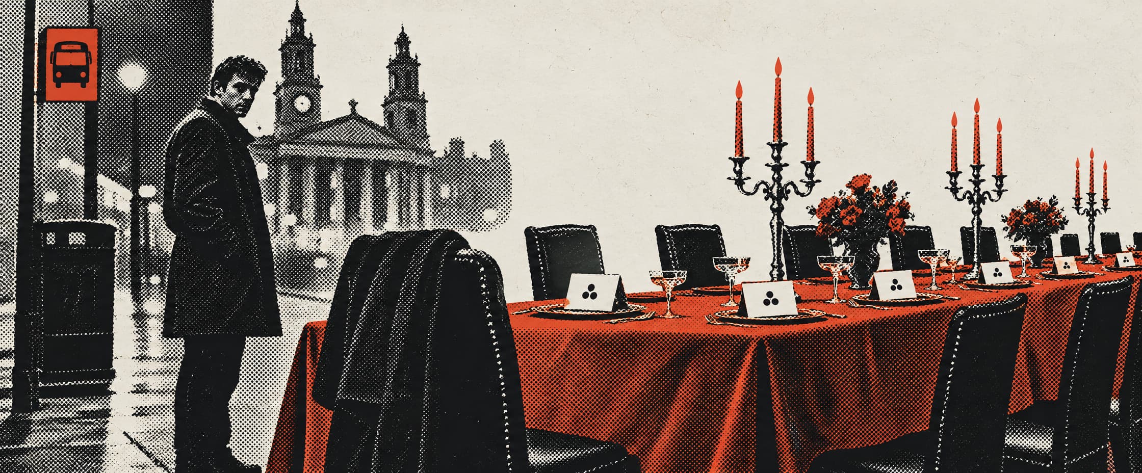 A long dining table laid for a formal dinner, standing on a wet city pavement at night: red cloth, candelabra, glasses, and place cards marked with small symbols instead of names. Every chair is empty except one, where a dark coat is draped over the back. At the kerb, a bus stop and a bin, and a man in a coat stands with his hands in his pockets, watching the table.